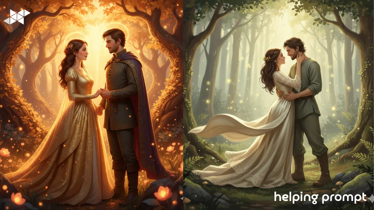 Create Magical Fairy-Tale Couple Portraits Using AI Prompts That Blend Romance, Fantasy, and Dreamlike Emotion