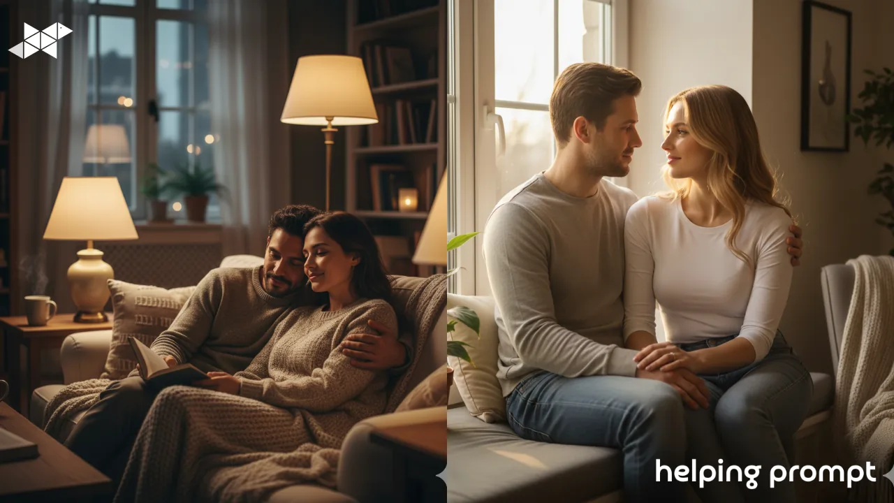 Create Warm, Cozy Indoor Couple Portraits Using AI Prompts for Intimate, Natural, Home-Style Romance
