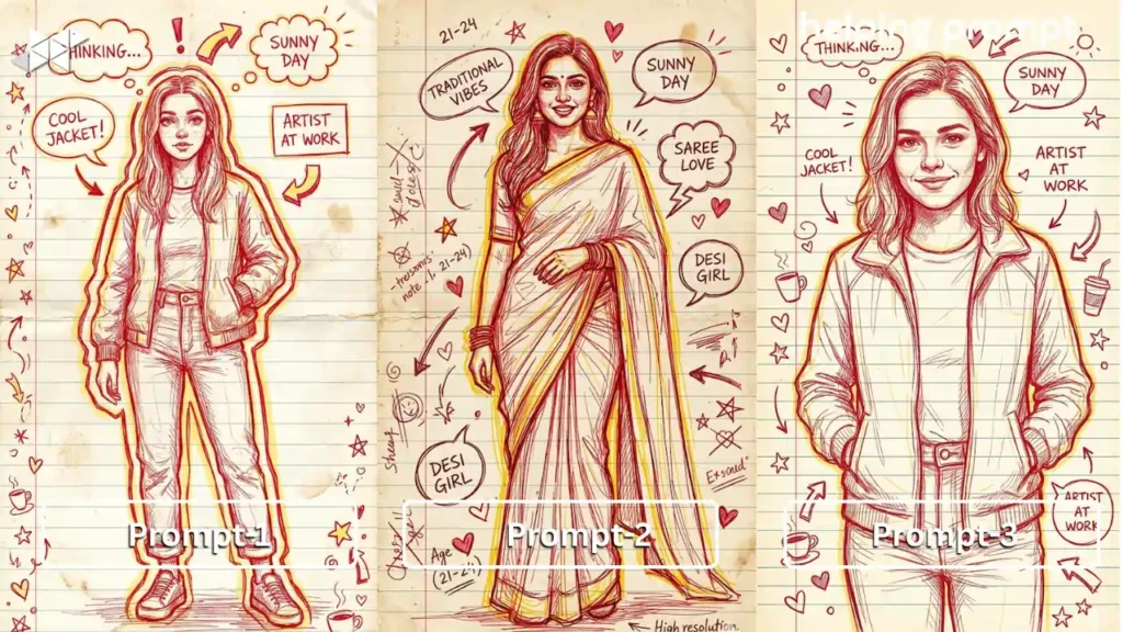 Red and Yellow Doodle Portraits with Hand-Drawn Notebook Style AI Prompts