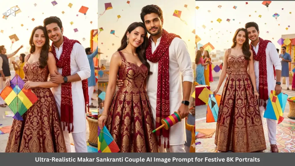 Ultra-Realistic Makar Sankranti Couple AI Image Prompt for Festive 8K Portraits