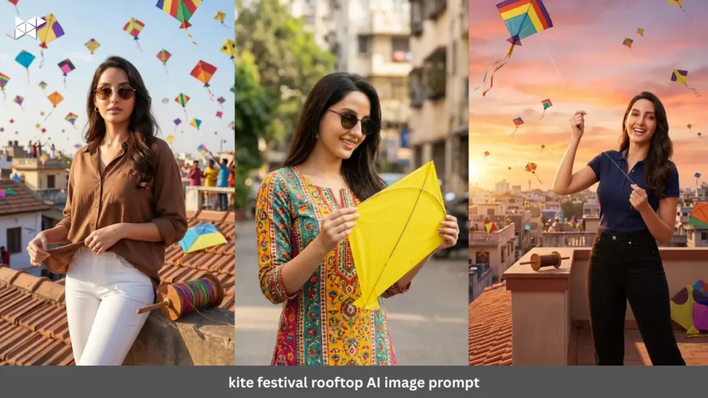 Ultra-Realistic Kite Festival Rooftop Portrait: Stylish Woman Celebrating Makar Sankranti in Vibrant Sky
