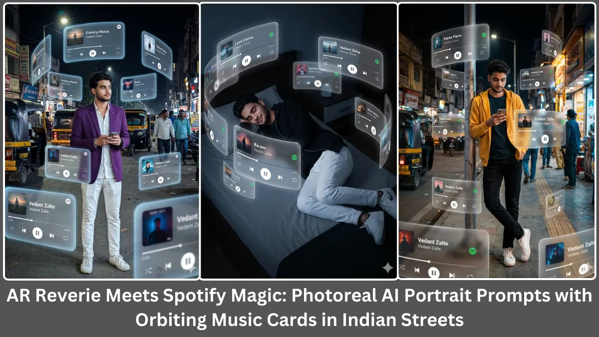 AR Reverie Meets Spotify Magic: Photoreal AI Portrait Prompts with Orbiting Music Cards in Indian Streets