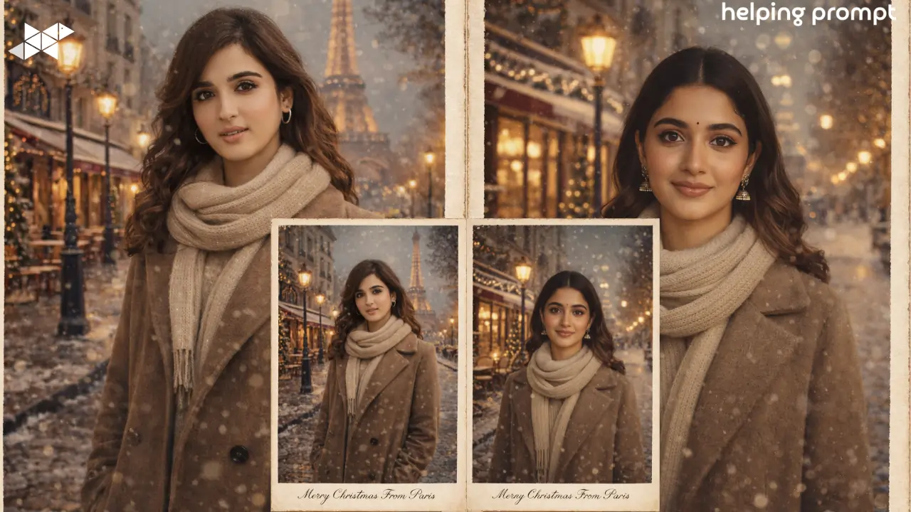 Turn Any Photo into a Vertical Paris Christmas Postcard Portrait with Snowy Streets and Vintage Holiday Charm