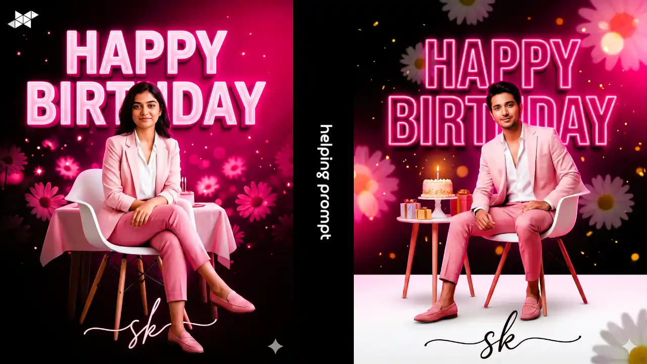 Ultra-Realistic Birthday Poster Design With Pink Neon Text, Seated Cinematic Pose, And Premium Celebration Aesthetic