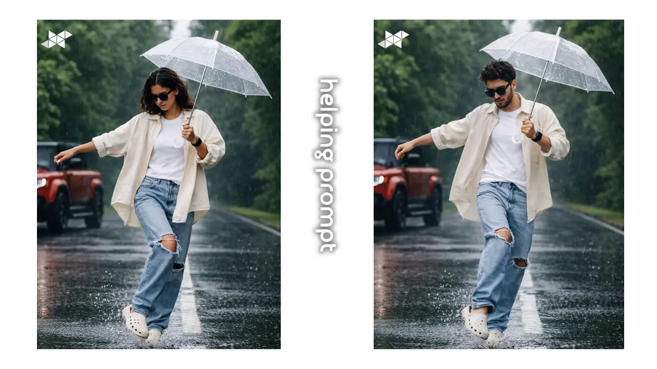 Ultra-Realistic Rain Dance Fashion Photo Prompt With Cinematic Street Style And Luxury SUV Background