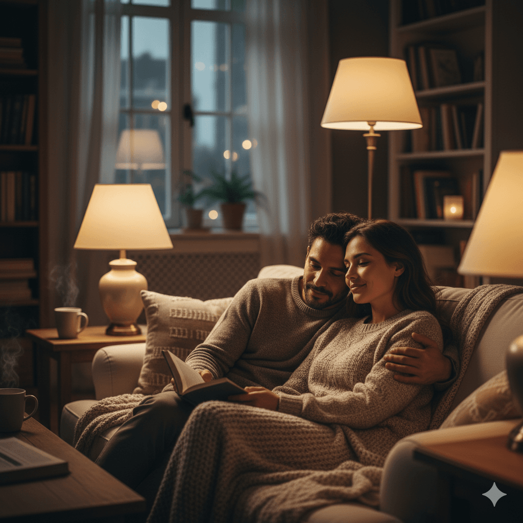 Create Warm, Cozy Indoor Couple Portraits Using AI Prompts for Intimate, Natural, Home-Style Romance