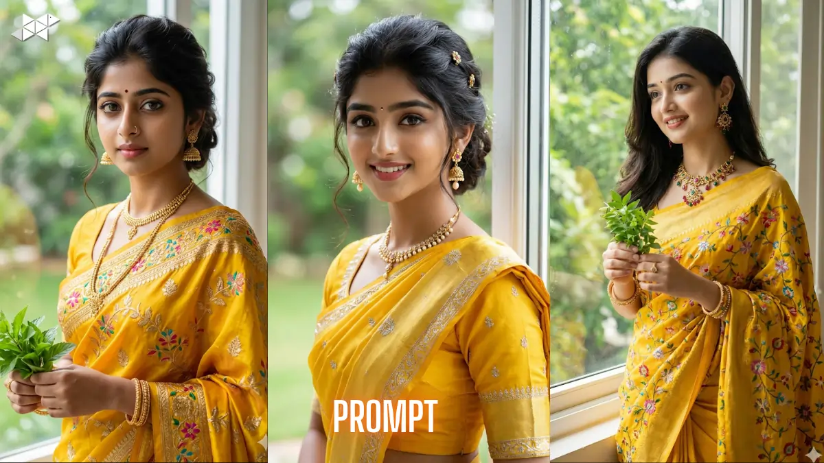 Golden Saree Portrait by Window 8k Trending Gemini AI Image Prompt