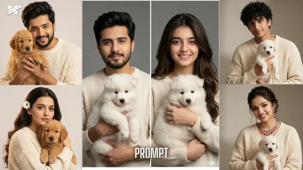 8k Trending Gemini AI Image Prompt Intimate Two-Frame Studio Portrait With White Puppy