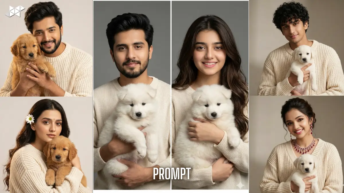 8k Trending Gemini AI Image Prompt Intimate Two-Frame Studio Portrait With White Puppy