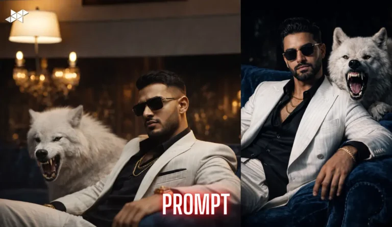 Dark Royalty Luxury Portrait Prompt: Blue Velvet Sofa, White Wolf & Cinematic Power Look (8K)