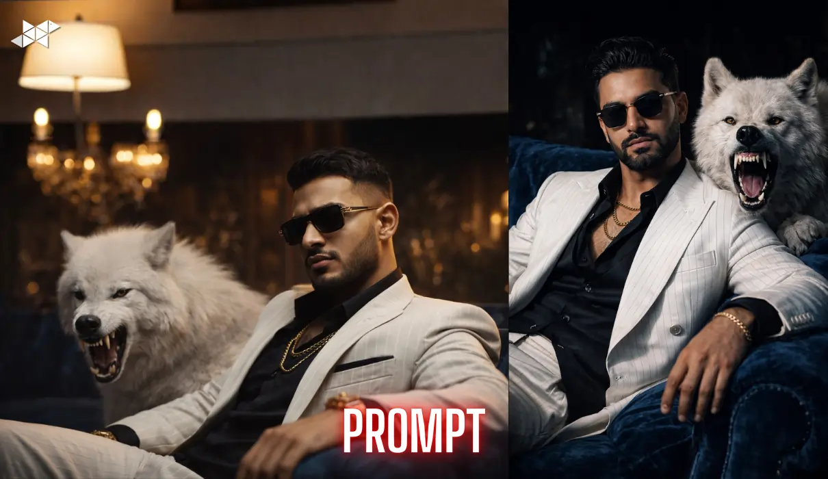 Dark Royalty Luxury Portrait Prompt: Blue Velvet Sofa, White Wolf & Cinematic Power Look (8K)