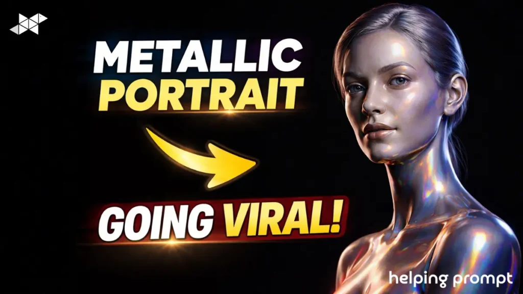 Stylized editorial portrait with holographic metallic skin