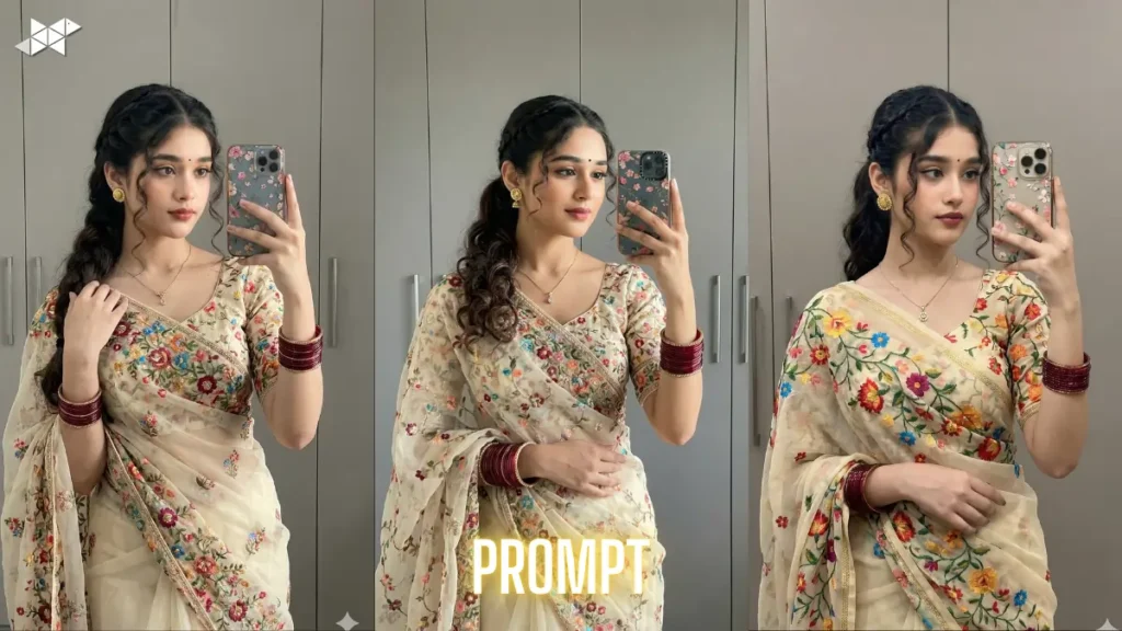 8K Gemini Image Prompt Realistic Indian Woman Saree Mirror Selfie Portrait