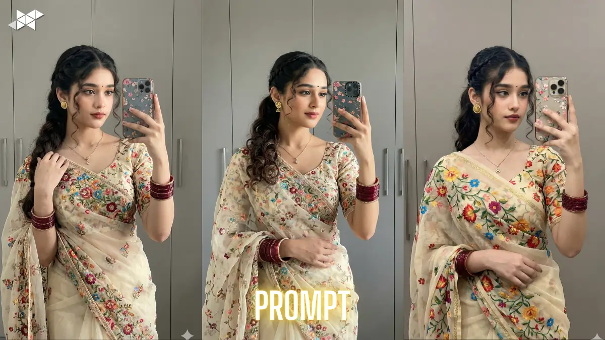 8K Gemini Image Prompt Realistic Indian Woman Saree Mirror Selfie Portrait