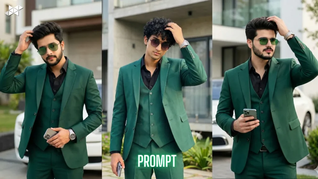 Emerald Green Suit Portrait Outside a Modern Home Captures Quiet Confidence
