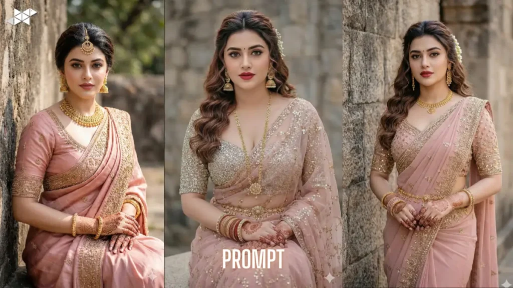 Blush Pink Saree Outdoor Portrait Captures Traditional Elegance Against Weathered Stone Wall