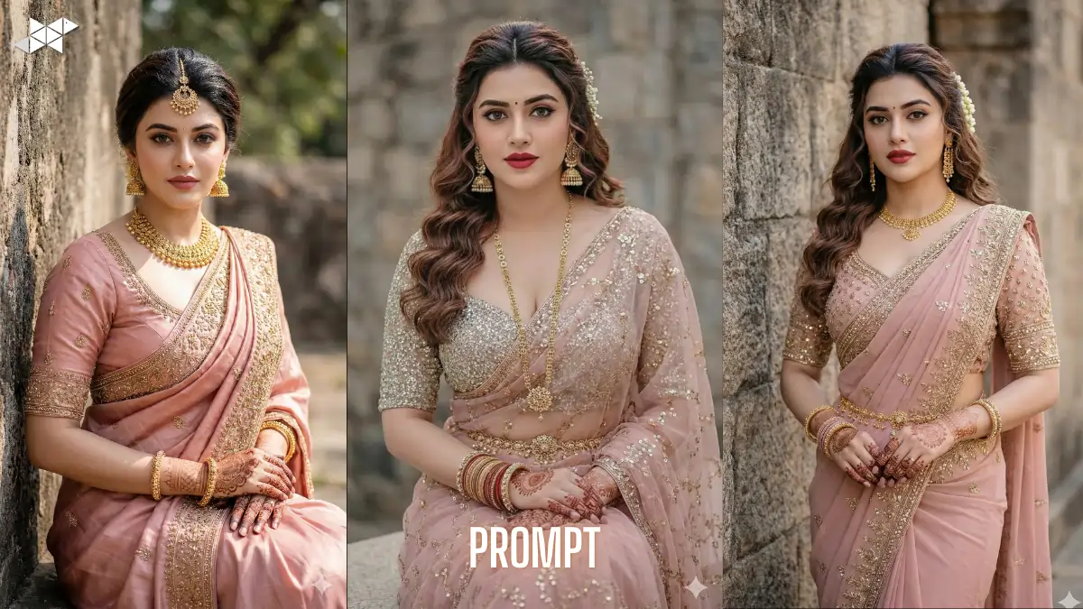 Blush Pink Saree Outdoor Portrait Captures Traditional Elegance Against Weathered Stone Wall