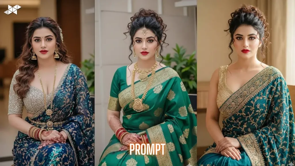 Gemini AI Image Prompt: Ultra-Photorealistic Teal Green Saree Indoor Portrait