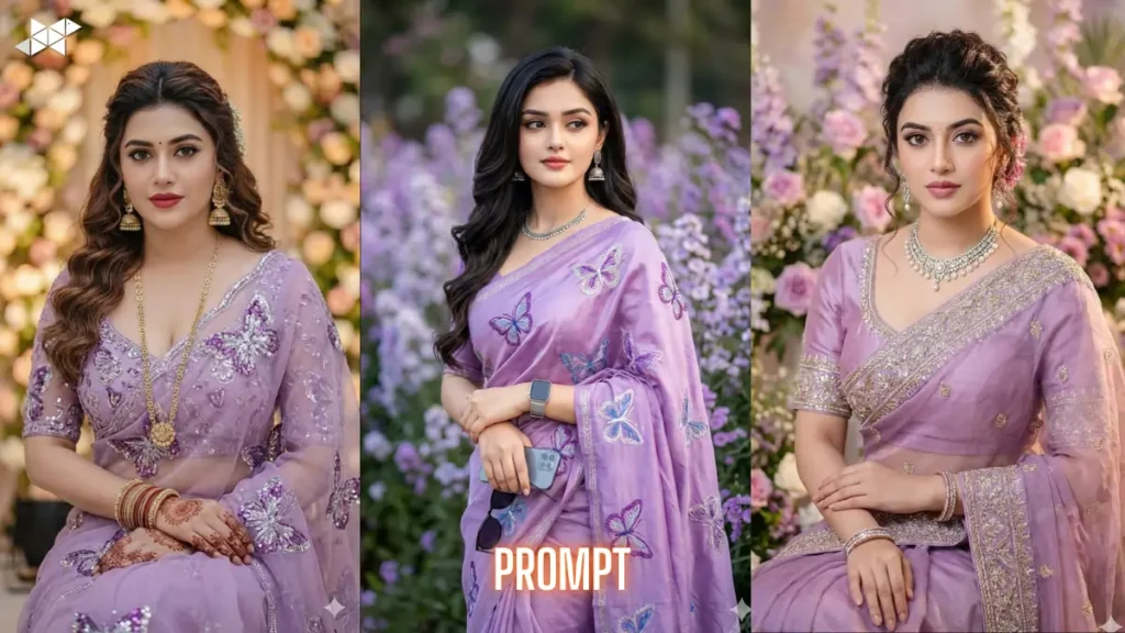 Lavender Saree Portrait With Butterfly Embroidery - Gemini AI Image Prompt