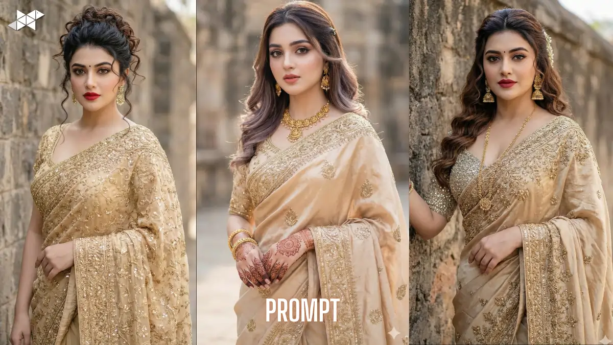 Champagne-Gold Saree Portrait Captures Poise, Tradition, and Modern Outdoor Elegance