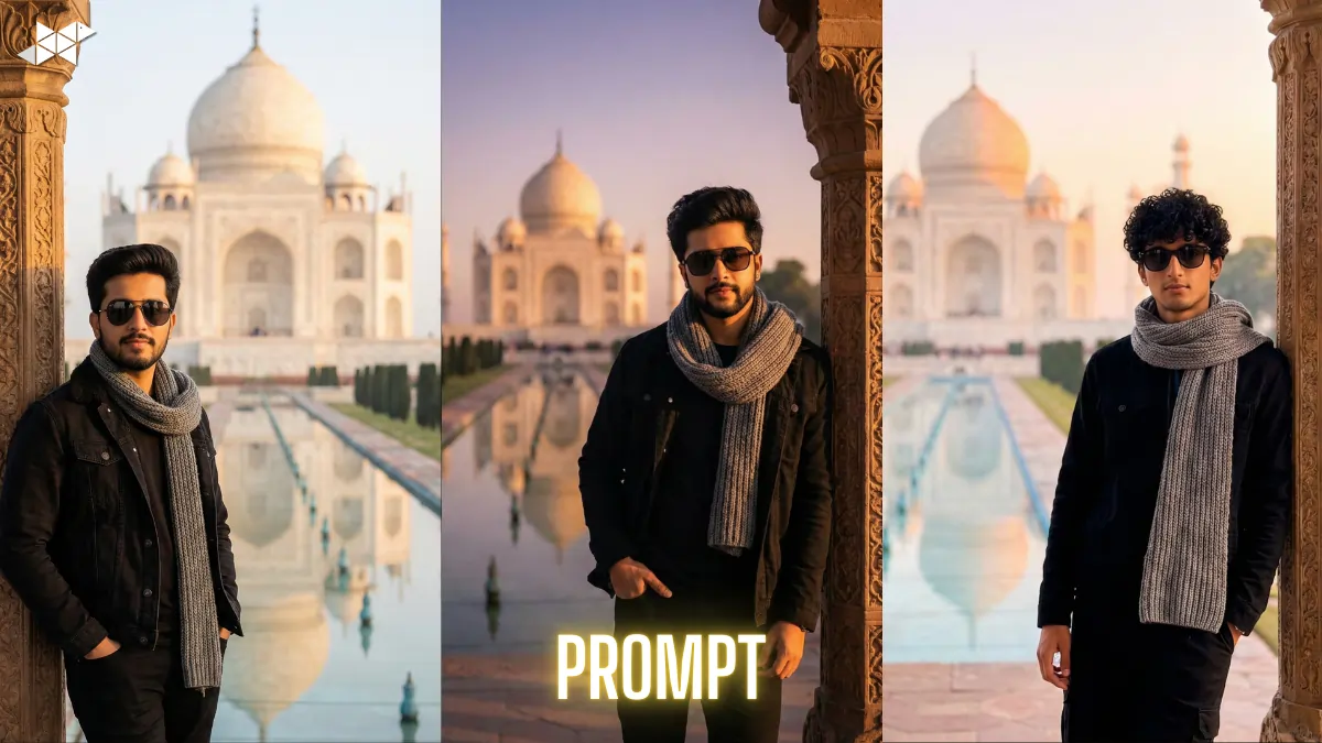 Cinematic Travel Portrait of an Indian Man at the Taj Mahal During Golden Hour