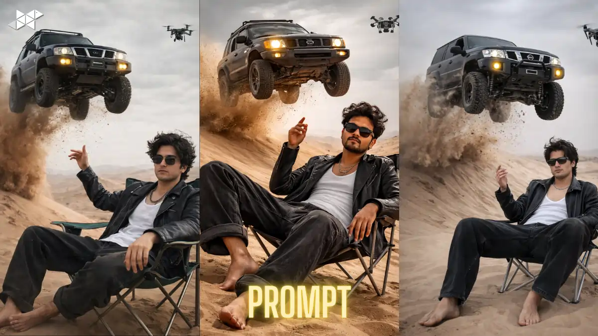 Viral 8K Desert Portrait: Nissan Patrol Flying Over Dune While Man Sits Calm Under the Jump