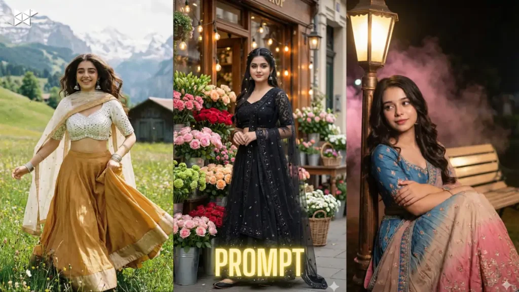 Hyper-Realistic 8K Flower Shop Portrait With 100% Same Face Using Black Net Lehenga AI Edit Prompt