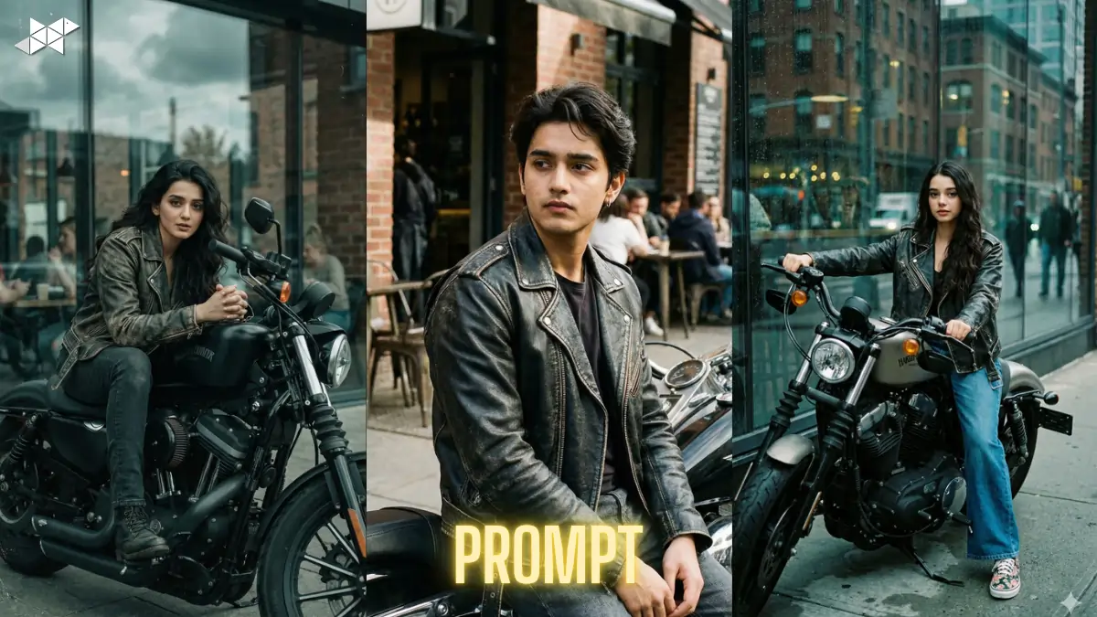 Urban Biker AI Portrait With Real Face Copy: Cinematic Street Motorcycle Look in Moody Film Style
