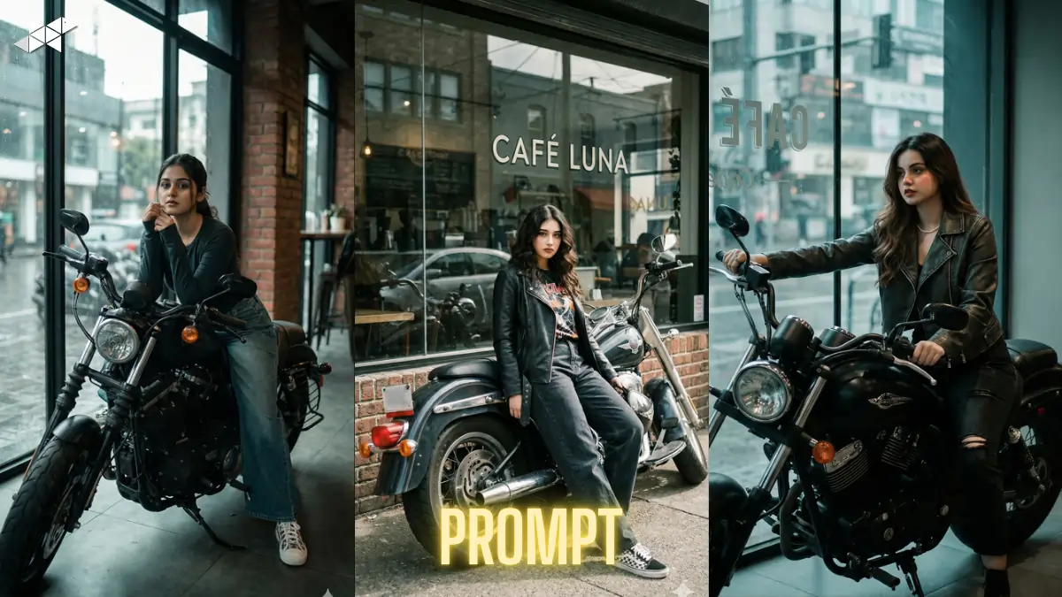 Rebel on Two Wheels: Cinematic Female Biker Portrait With Real Face Copy in Moody Urban Café Style