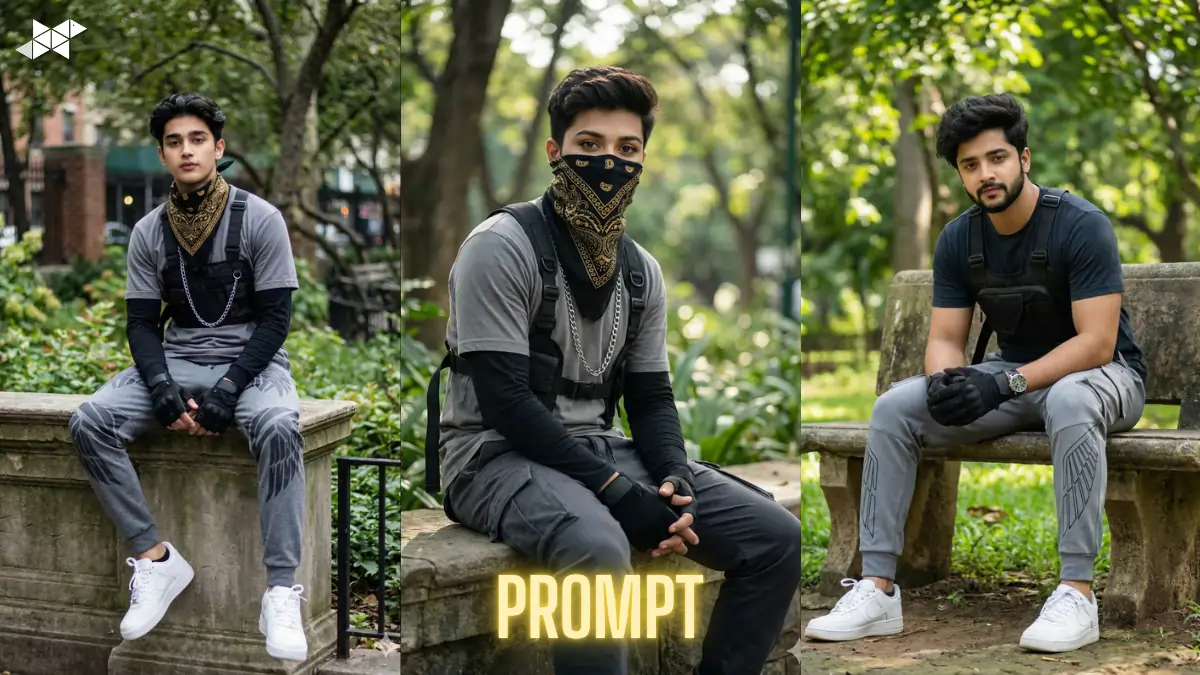Urban Techwear Park Portrait with Real Face Accuracy: Viral Vertical AI Fashion Edit Loved by Social Creators