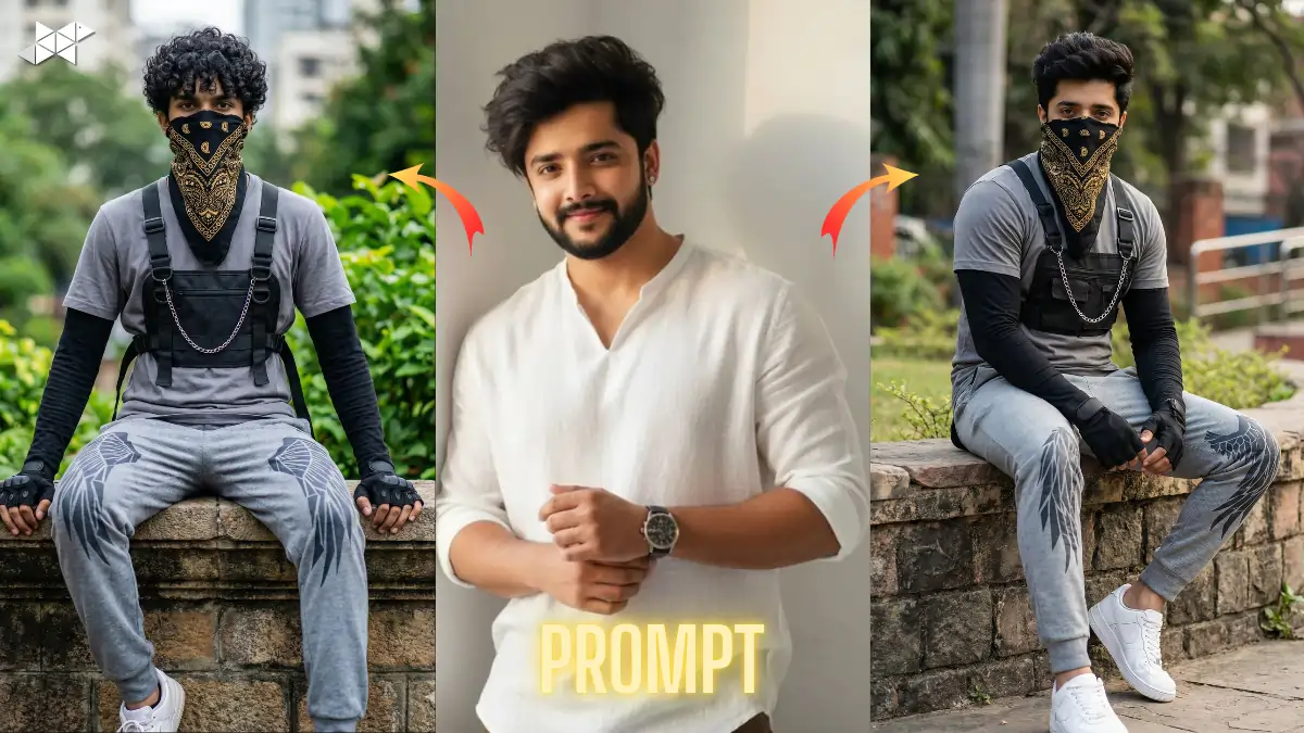 Urban Techwear AI Photo Edit With Real Face in Park Setting Using High-Detail Gemini AI Prompt Style