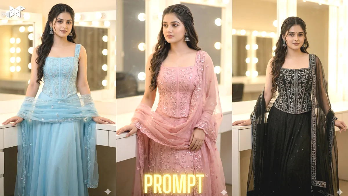 Sky Blue Corset Vanity Portrait AI Prompt With Real Face Accuracy for Ultra-Realistic Fashion Edits