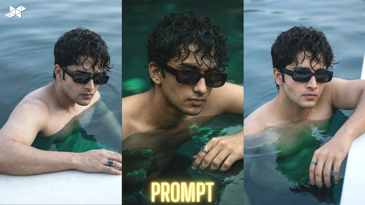 Hyper-Realistic Water Fashion Portrait of a Young Man With Dark Sunglasses in Cinematic Blue Reflections