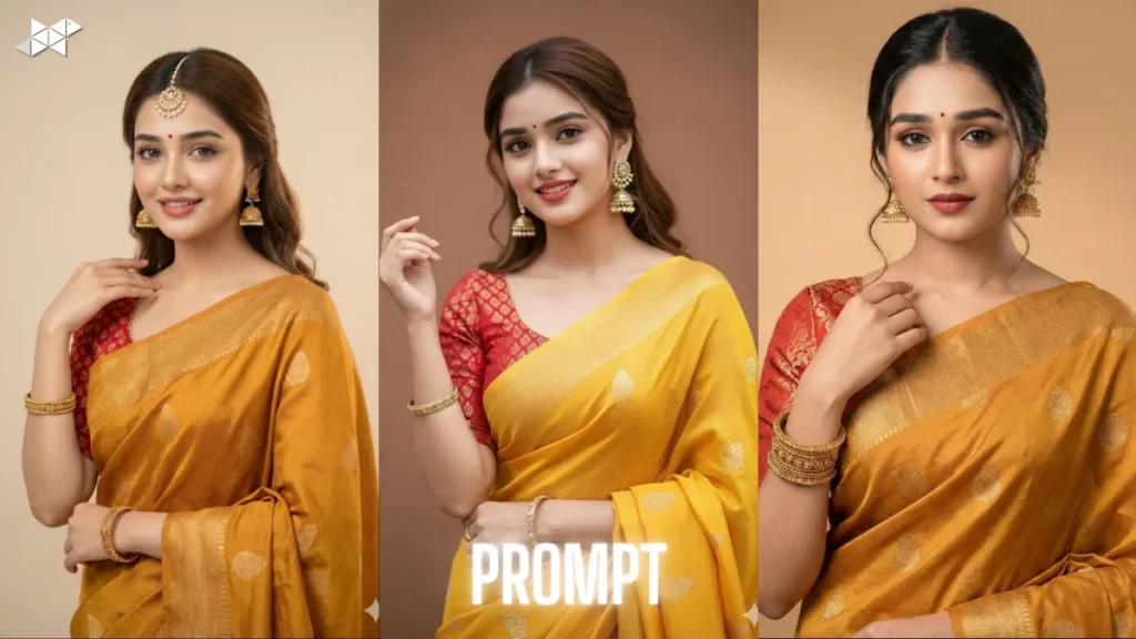 Elegant Portrait of a Young Indian Woman in Mustard Saree Captured in Studio Light with Timeless Traditional Elegance