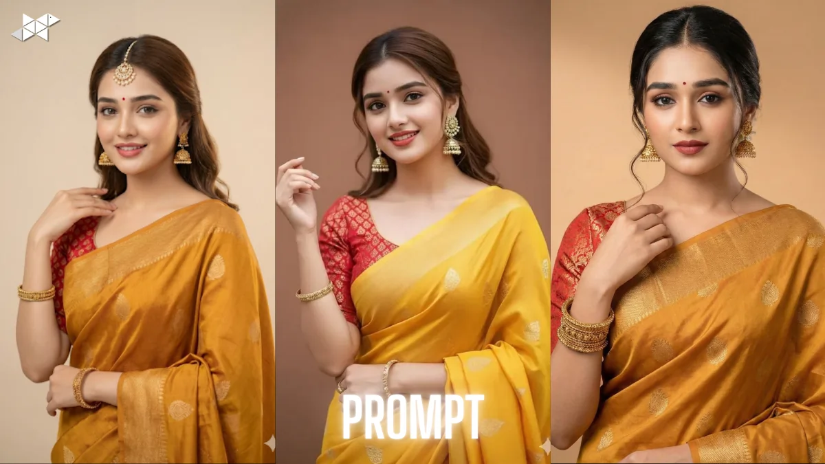 Elegant Portrait of a Young Indian Woman in Mustard Saree Captured in Studio Light with Timeless Traditional Elegance