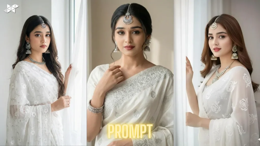 Elegant Indian Woman Portrait by Window in White Saree – Soft Light, Timeless Grace, Refined Traditional Beauty