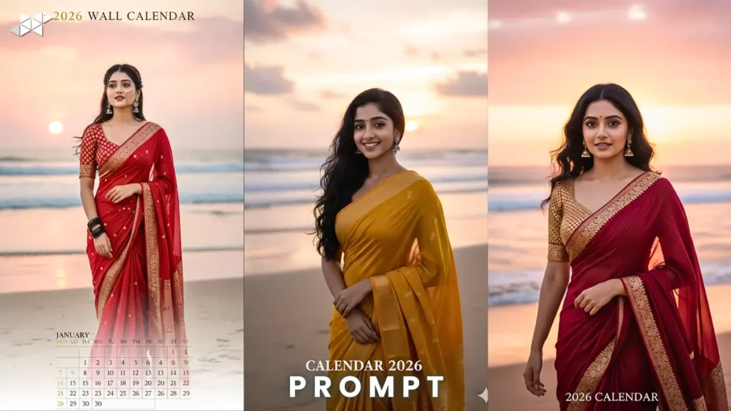 2026 Beach Saree Calendar Poster in 16K