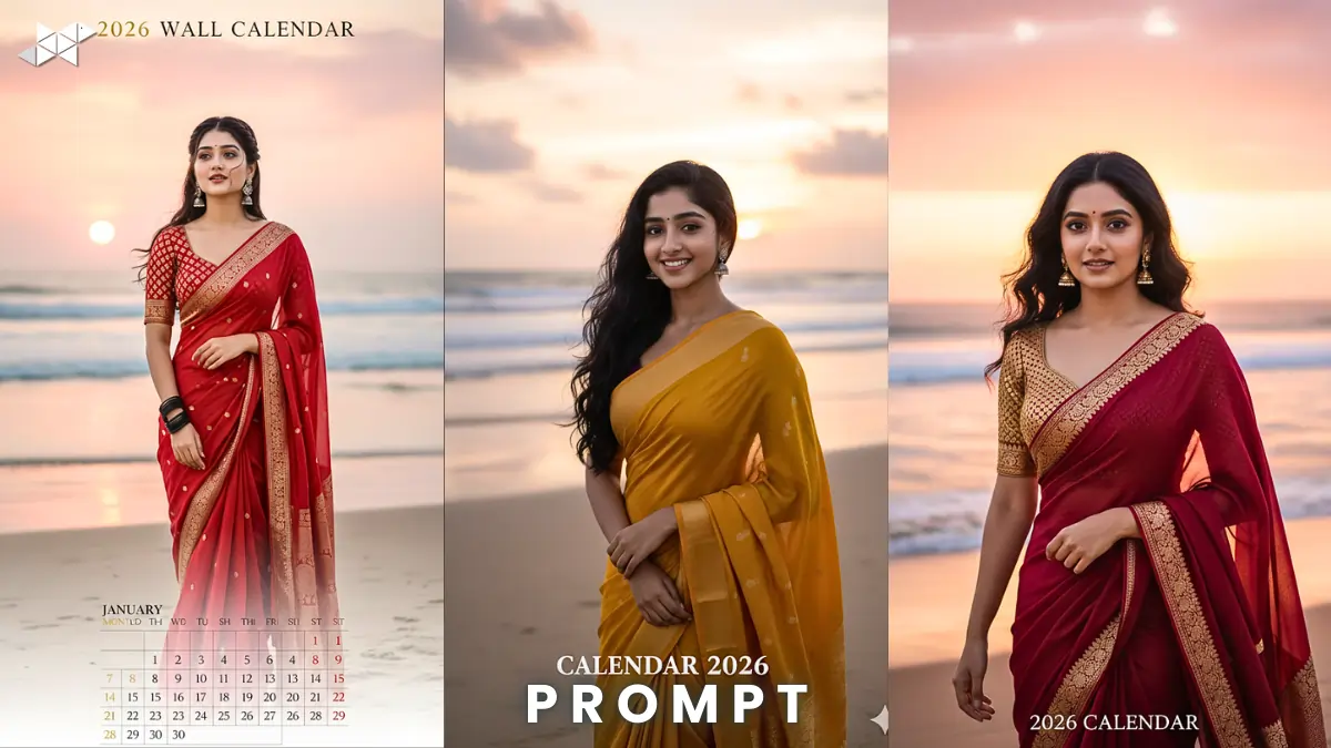 2026 Beach Saree Calendar Poster in 16K