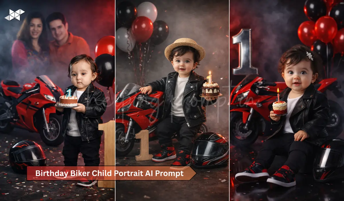 Child Birthday Biker Portrait: Create a 100% Face-Match AI Prompt