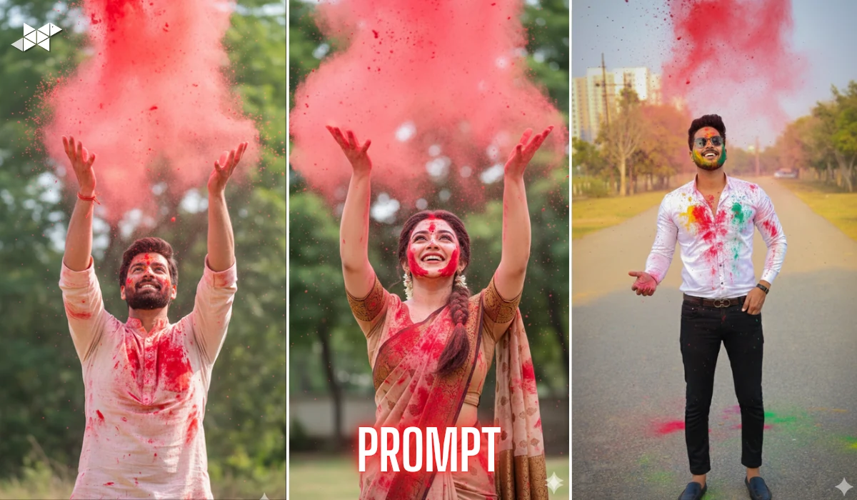 Cinematic Holi Portrait Prompt with Red Gulal Splash