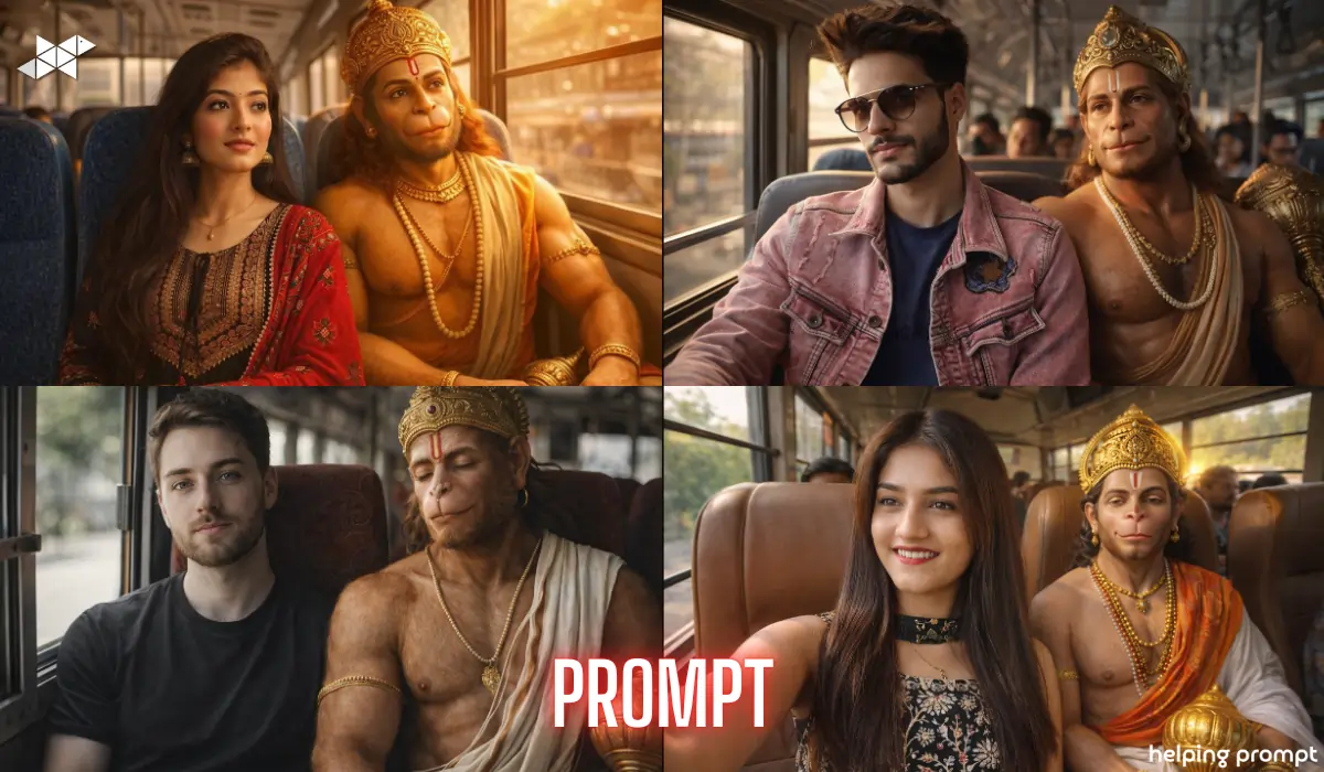 Create a Hyper-realistic Hanuman Ji bus selfie AI prompt