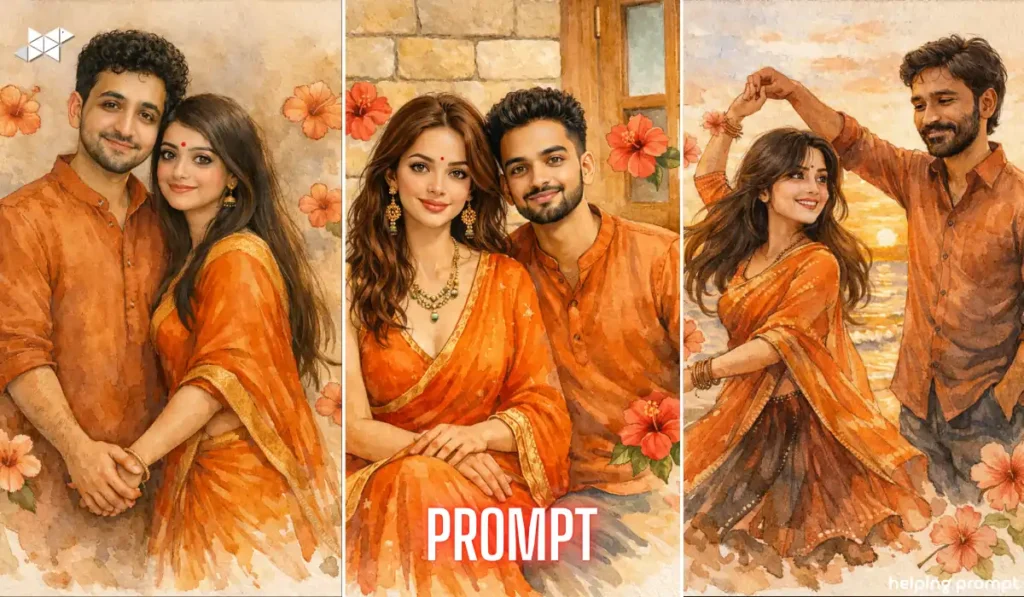 Indian couple watercolor portrait AI prompt