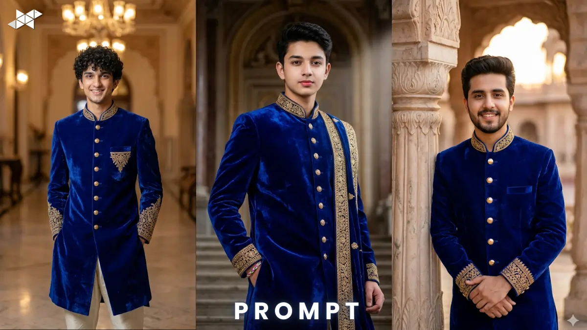 Royal Blue Velvet Sherwani: Regal AI Style Prompt