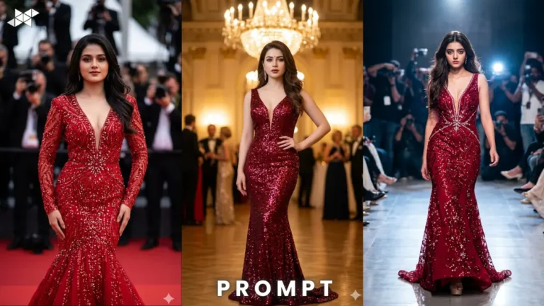Red mermaid sequin gown prompt 2026