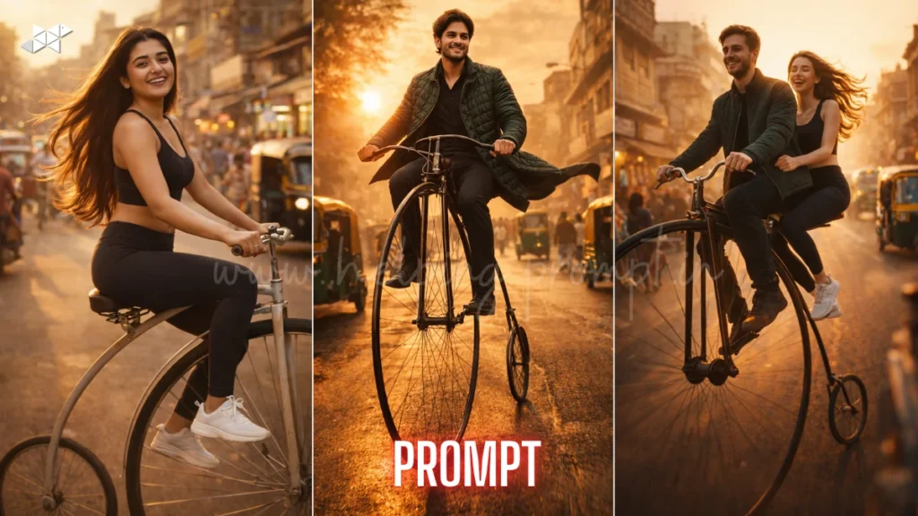 Cinematic couple bicycle scene AI prompt