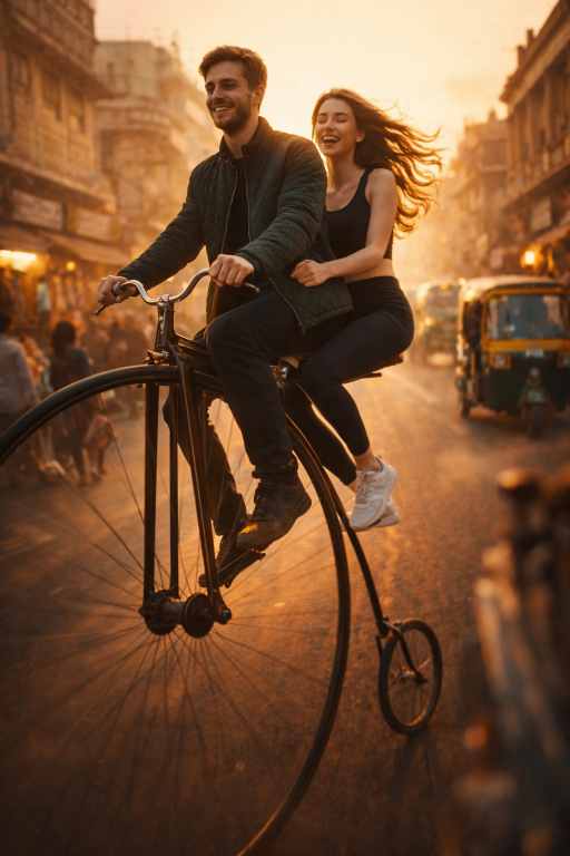 Cinematic couple bicycle scene AI prompt