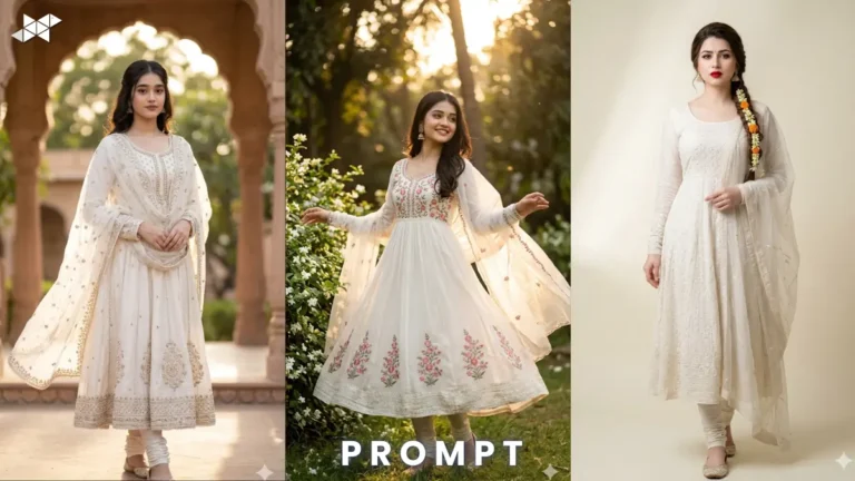 Prompt for white anarkali suit 4K 2026
