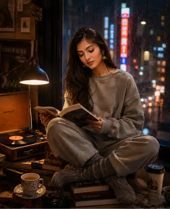 Rainy Night Reading Room AI Prompt