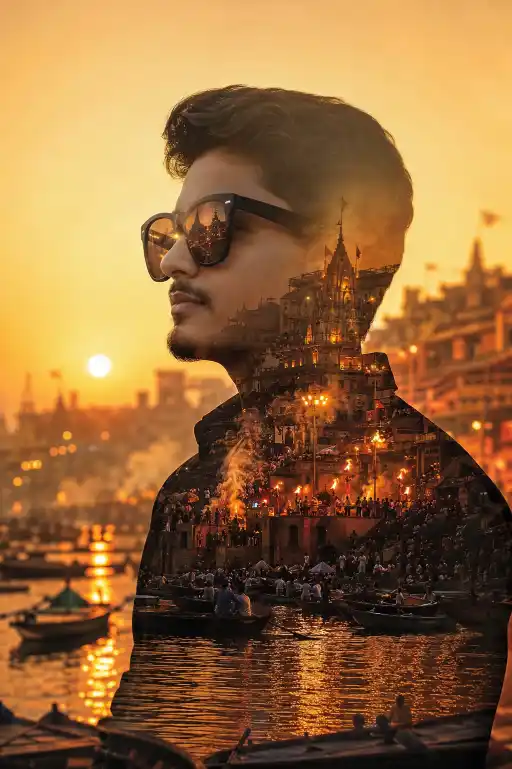 Varanasi Double Exposure Travel Poster Prompt