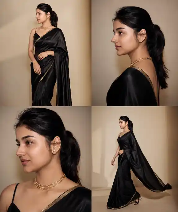 Elegant Black Silk Saree Lookbook AI Prompt
